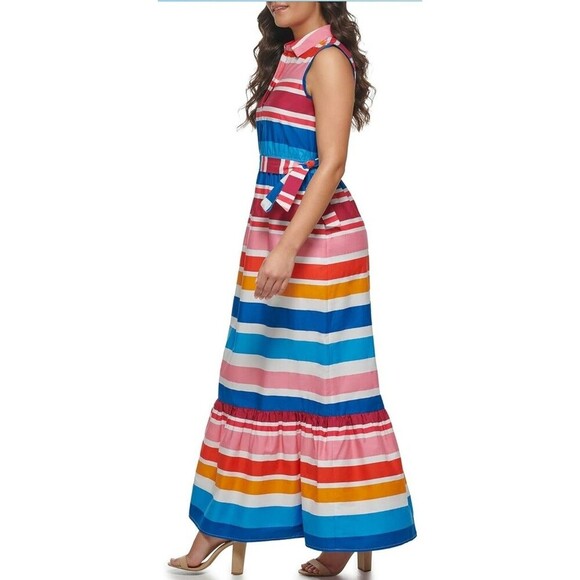 Kensie Striped Sleeveless Ruffle Hem Colorful Collared Maxi Dress Size 2 NEW - Picture 2 of 13